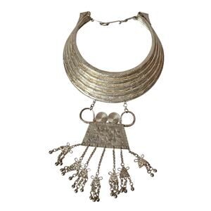 Vintage Chinese Miao Tiered Hmong Silver Tone Asian Etched Necklace Collar